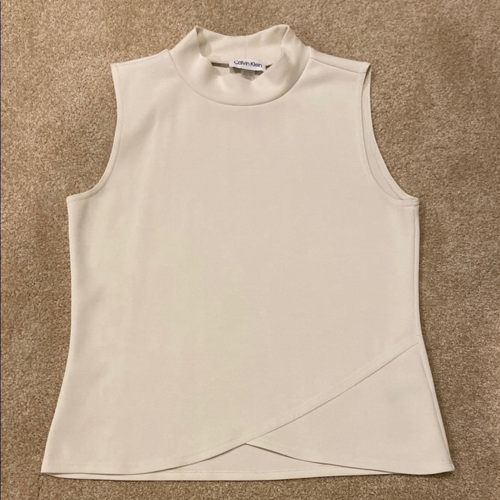 SOLD Calvin Klein Cream Tulip Hem Tank Top with Mandarin Collar